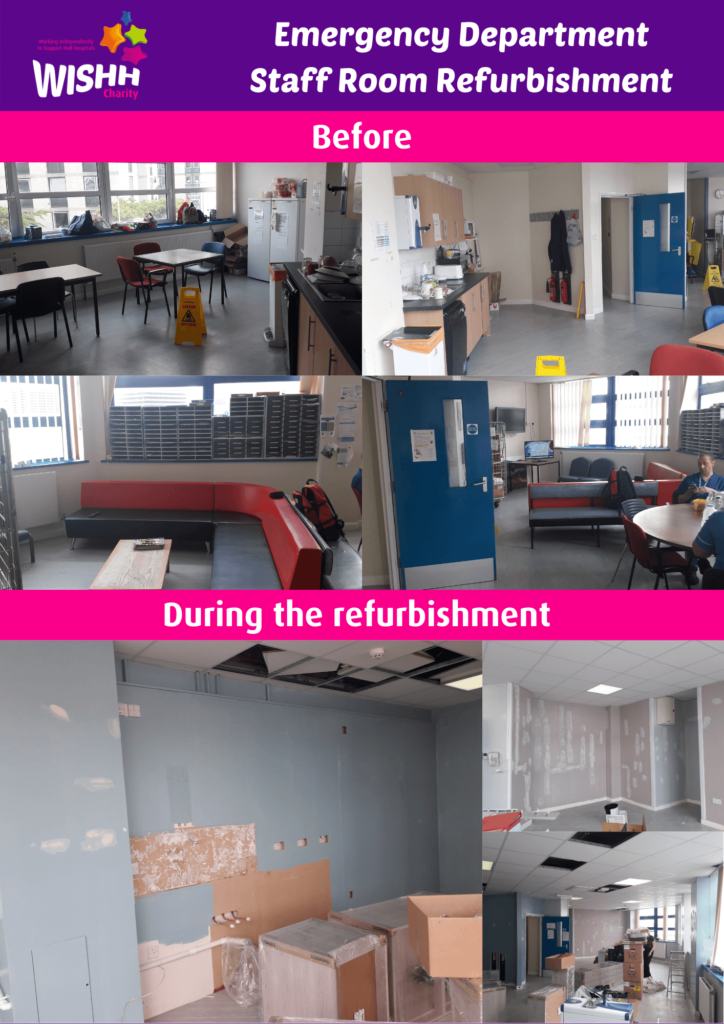 A collage of images showing the tired staff room before the refurbishment and images of the construction