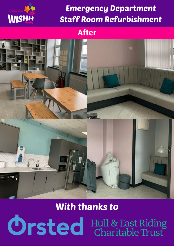 Images showing the completed staff room with refreshed decor and new furniture with thanks to Orsted and the Hull and East Riding Charitable Trust