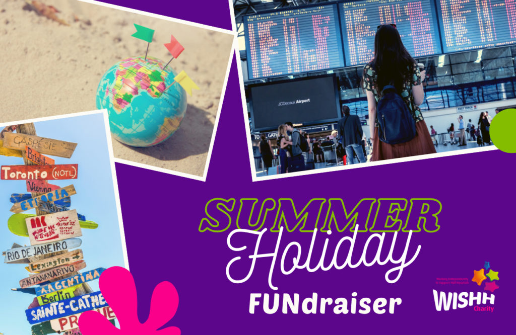 WISHH Summer Holiday FUNdraiser, a globe with pins in it, a girl at a departures board and a signpost