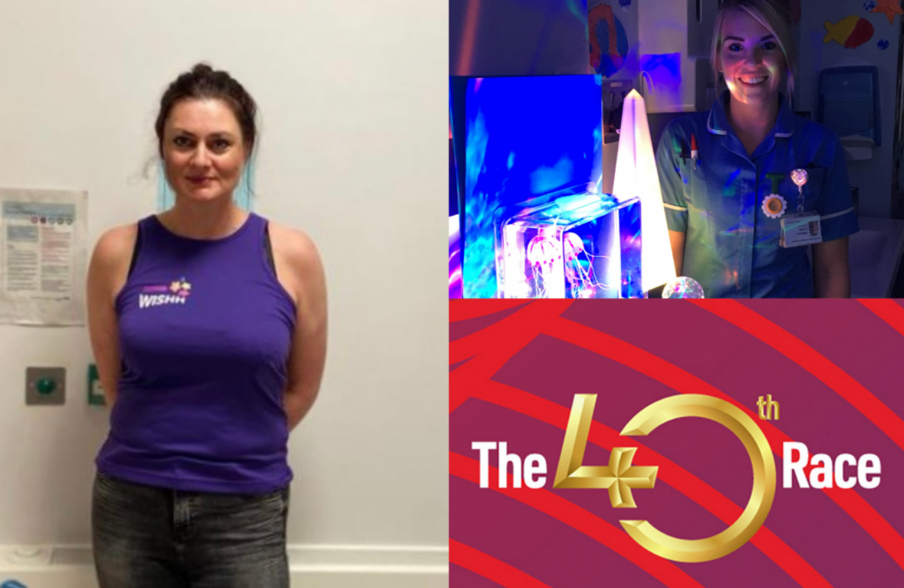 Suzy in a WISHH running vest, a nurse with sensory equipment and the London Marathon logo