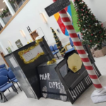 Eye Hospital decorations including a Polar Express train