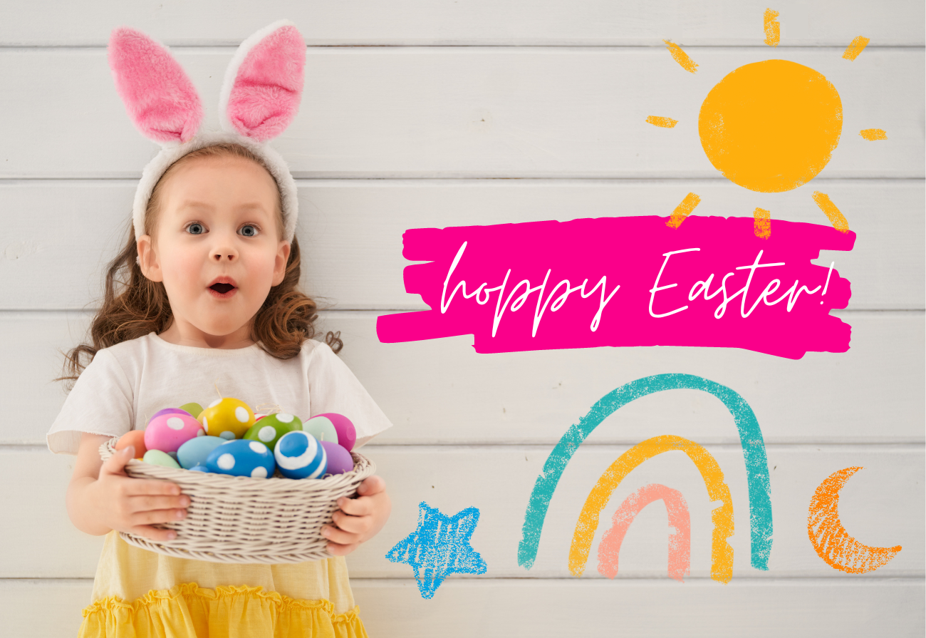 Easter Event header. A little girl holds a basket of eggs. There are chalk children's drawings on the wall behind her.