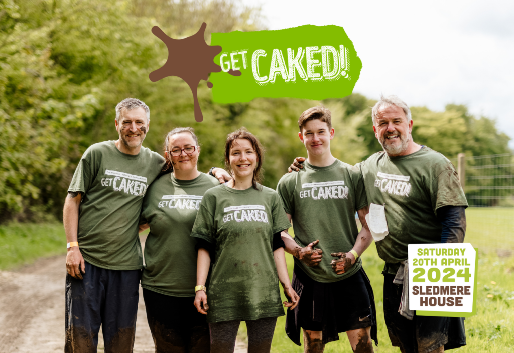 Five people are stood looking happy and muddy. They have taken part in Get Caked event. The image shows the event details. The Get Caked 2024 event is at Sledmere House on Saturday 20th April 2024